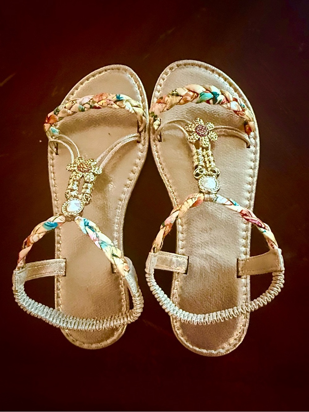 Womens Braided Beaded T-Strap Sandals - Multicolor
